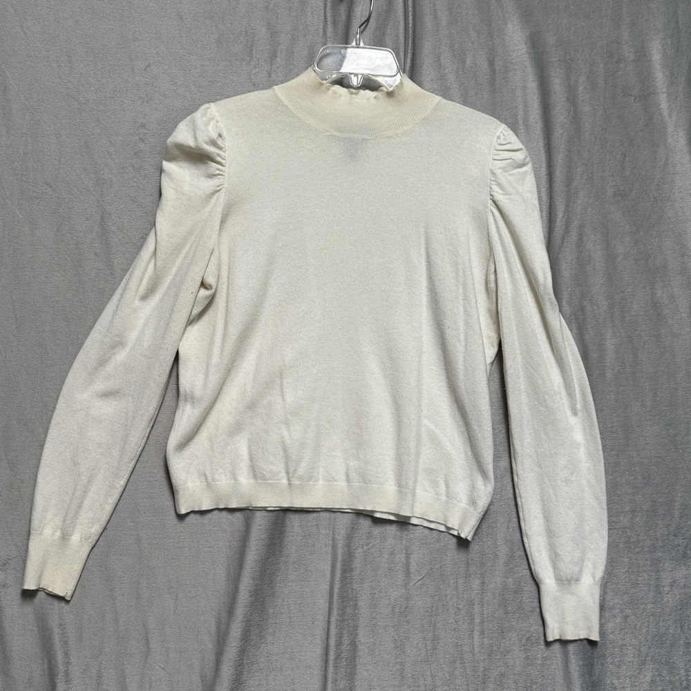 Express Sweater Womens XL Ivory Mock Neck Puff Sleeve Ruched‎ Shoulder Pullover